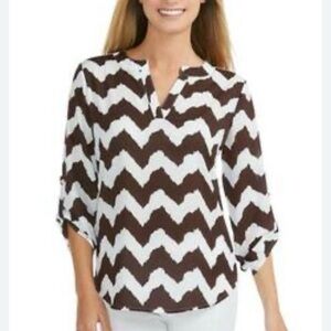 Cato Hi-Low Zigzag Semi Sheer Chiffon Black Dark Brown White shirt blouse top M